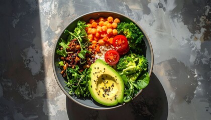 Overhead view of a vibrant, healthy Buddha bowl with varied colorful ingredients