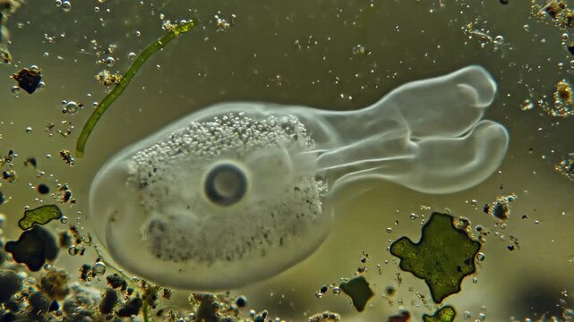 Detailed amoeba microscope view reveals intricate cellular structure and pseudopods moving through aquatic environment with tiny bubbles and organic debris, showcasing microscopic life science