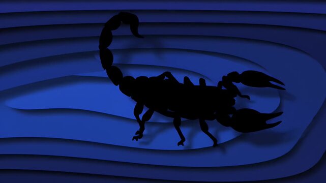 Silhouette of a scorpion against a layered blue abstract background, symbolizing danger or mystery