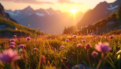 Sunrise over mountain range, wildflowers in foreground. Vibrant colors, serene landscape