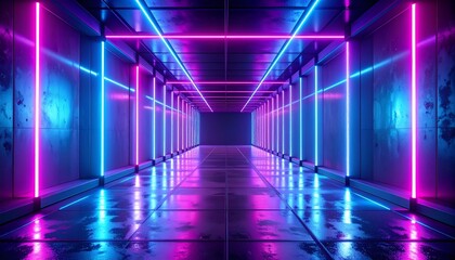 Long, futuristic tunnel with neon blue/magenta lights in a concrete structure