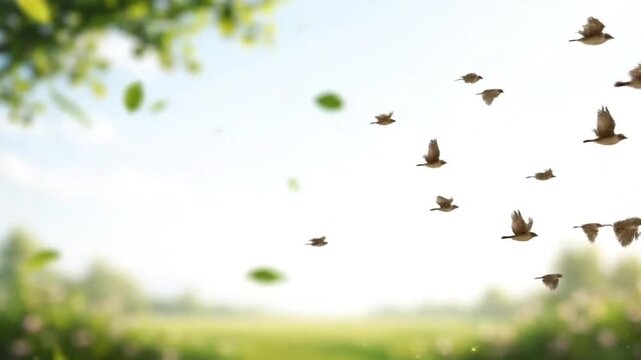 Flying birds and natural elements for Environment Day concept showcasing ecological balance, green landscape symbolism, wildlife freedom theme and sustainable planet awareness animation