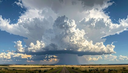 Majestic, towering storm cloud dominates vast, open plains, with a distant road