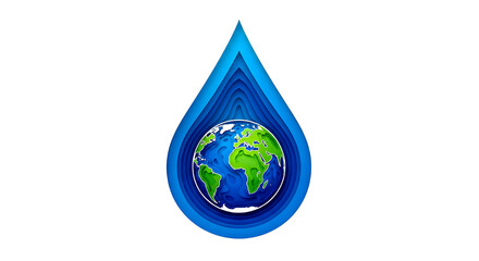 Obraz premium Paper Cut-out Style Illustration of Earth Globe Inside a Blue Water Droplet