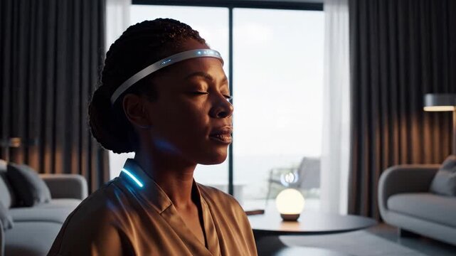 Calm Woman Engaging In Mindfulness With Advanced Biofeedback Devices. Peaceful Scene Of Woman Practicing Meditation Infused With Cuttingedge Health Technology In Stylish Living Space
