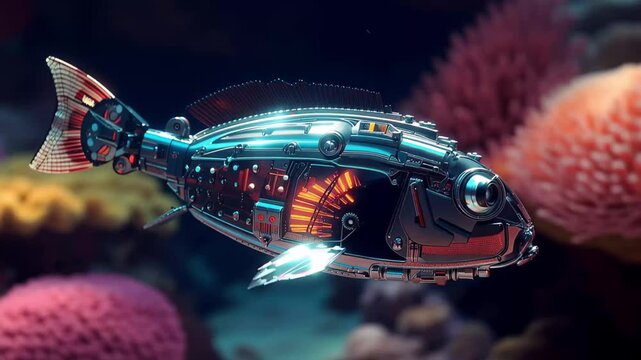 Robot fish swimming in a vibrant coral reef with colorful marine life during daylight