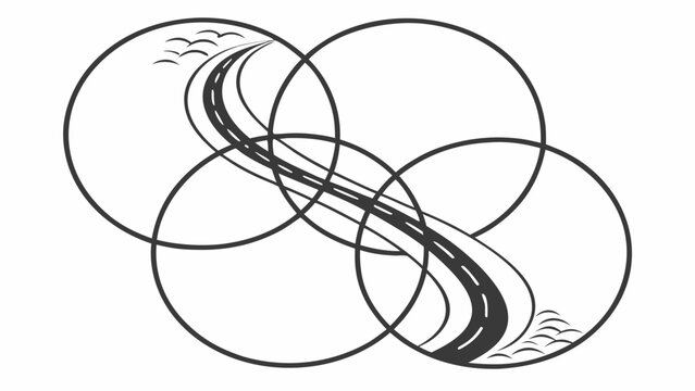 Intertwined circles with dynamic black and white swirling patterns inside