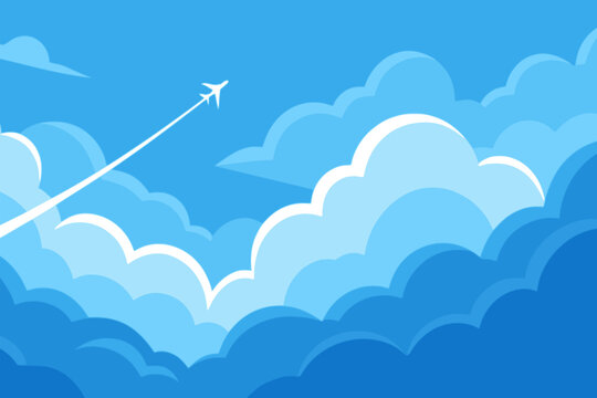 airplane with cloud and blue sky panoramic view nature background flat color vector illustration template design