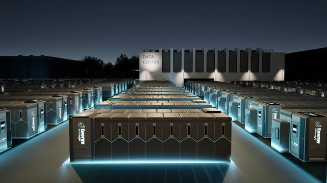Energy storage systems or battery container units for data center at night 4k footage