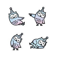 Fototapeta premium Cartoon owls wearing party hats in different poses on white background