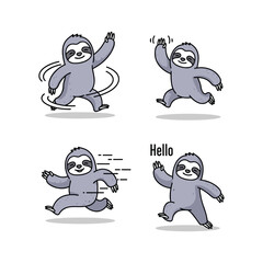 Naklejka premium Cute cartoon sloth waving hello in various poses with copy space