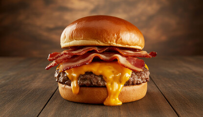 Delicious Bacon Cheeseburger on a Rustic Wooden Table