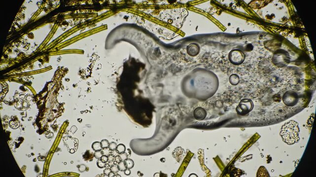 Detailed microscopic view of a single-celled amoeba microscope organism with pseudopods, internal vacuoles, and surrounding aquatic debris, showcasing cellular structure and movement in its natural