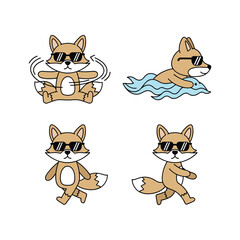 Fototapeta premium Cartoon fox character in sunglasses performing different yoga poses on a white background with copy space