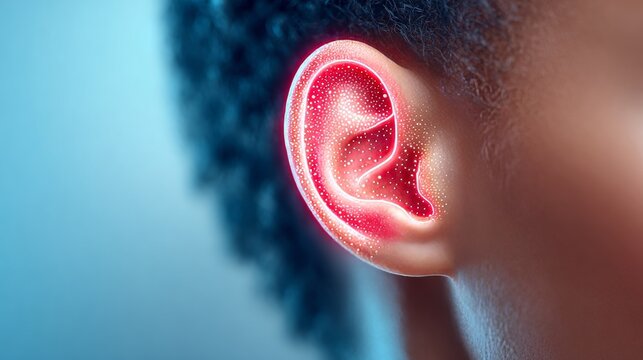 Conceptual medical illustration of a human ear with a glowing red internal structure. Visualizing sound waves, hearing health, anatomy, and inflammation.