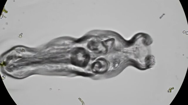 Detailed amoeba microscope view showing internal structures and pseudopod movement in a microscopic organism, capturing cellular activity and biological processes in a scientific research context