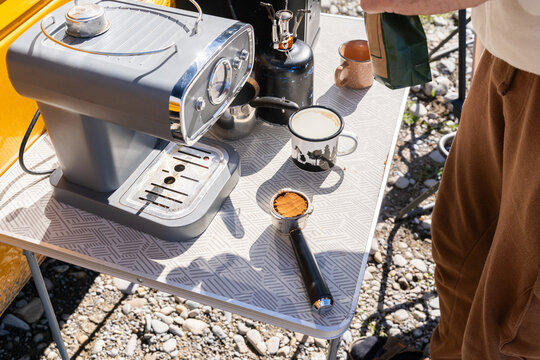 Off-grid coffee setup camper
