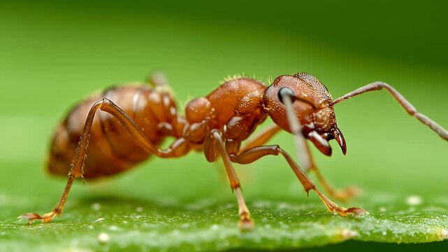 Close-up macro shot of a tiny reddish-brown ant on a green leaf, showcasing intricate details of its body and antennae, a common insect in nature's ecosystem