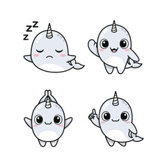 Cute cartoon narwhals showing different emotions with copy space © SadirStock