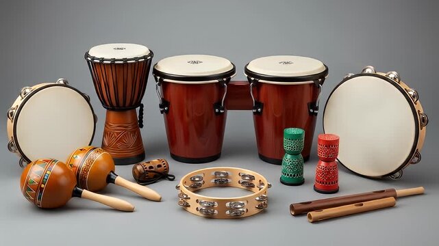 A variety of percussion instruments arranged on a gray surface with a reaching hand