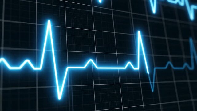 Blue Neon EKG Heartbeat Line Graphic Animation on Dark Grid Background