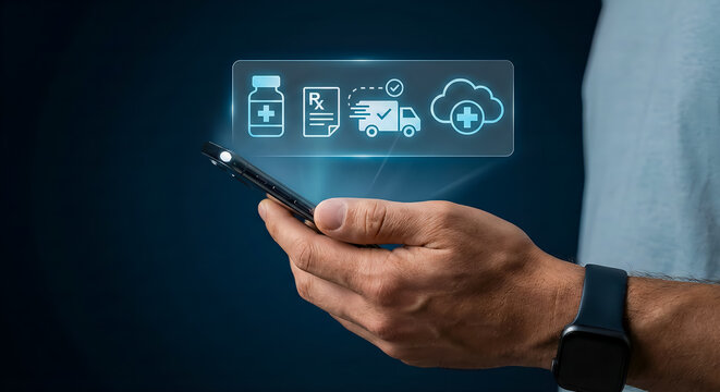 Man Using Smartphone for AI Digital Pharmacy and Medicine Delivery, Smart Healthcare Technology and Online Prescription Service Concept
