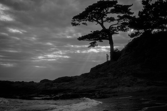 A woman admiring God rays at the seaside.