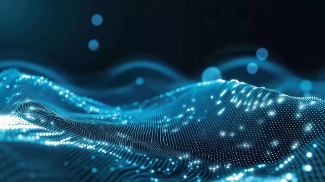 Digital waves of blue light create a mesmerizing pattern in a dark environment during a computer-generated animation