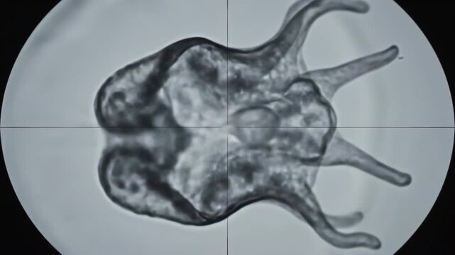 Detailed amoeba microscope view showcasing intricate cellular structures and pseudopods in motion, revealing the dynamic life of a single-celled organism in its microscopic world with scientific