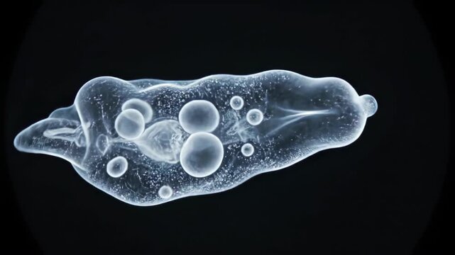 Detailed amoeba microscope view showcasing internal structures and vacuoles in a single-celled organism, demonstrating pseudopod movement and cellular activity in a dark background, educational