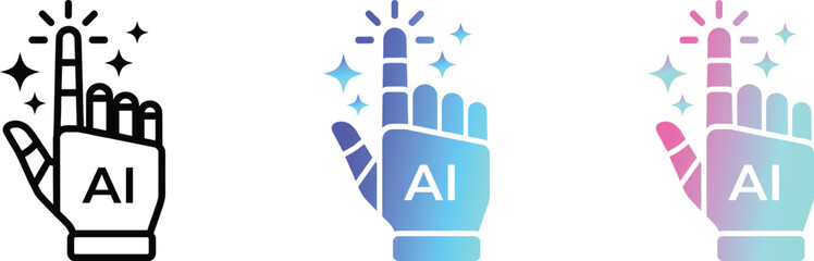 Cybernetic robotic hand icons with AI text and glowing stars, futuristic digital touch symbols for machine learning and creative technology