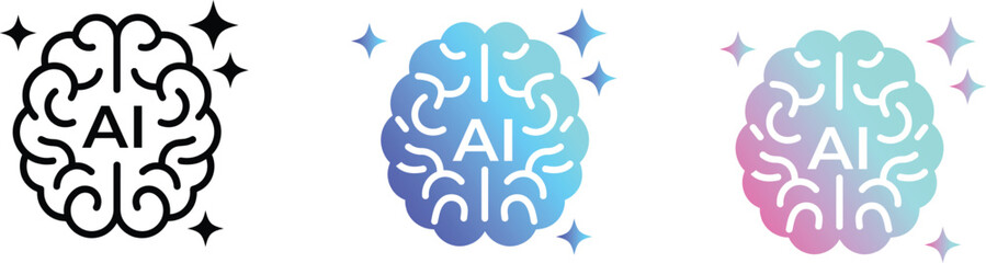Artificial intelligence AI brain icon set with sparkle stars, futuristic machine learning technology symbols, creative digital solutions vector illustration.