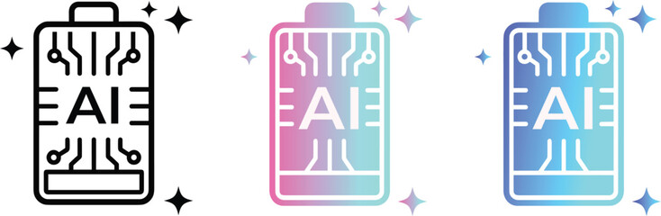 AI generate icon set ai, artificial intelligence battery with circuit board, futuristic digital technology logo, creative smart energy solutions, blue and pink gradient icons.