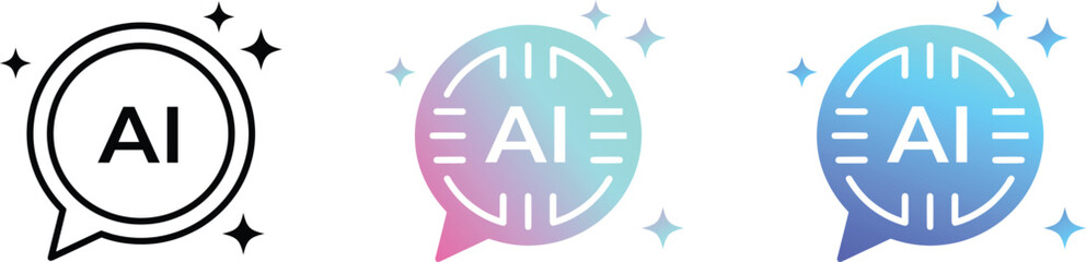 Artificial intelligence chat bubble icons, AI star logo with sparkles, digital assistant symbols, creative technology solutions, futuristic app icons