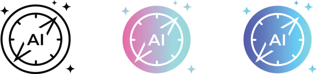 AI generated icon set, artificial intelligence compass with sparkle stars, creative digital solutions, futuristic technology logo, gradient circular buttons.