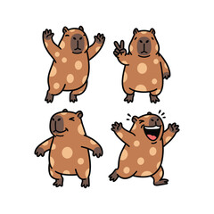 Fototapeta premium Cartoon capybara character showing different emotions and gestures on white background