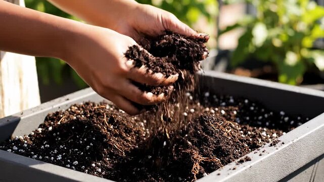 Close Up Hands Gently Preparing Dark Soil With White Perlite Specks In A Gray Planter Box Outdoors In Bright Sunlight