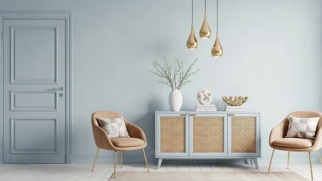 Modern living room interior with wooden sideboard, rattan doors, pendant lights and armchairs