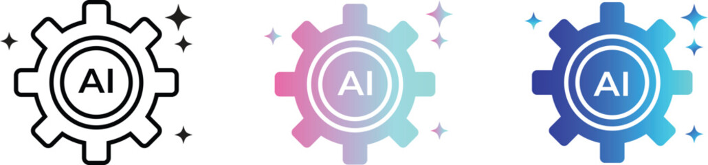 AI Artificial Intelligence Gear Icon Set, Sparkle Star with Cogwheel, Creative Digital Solutions Logo, Futuristic Machine Learning Symbols, Vector Illustration