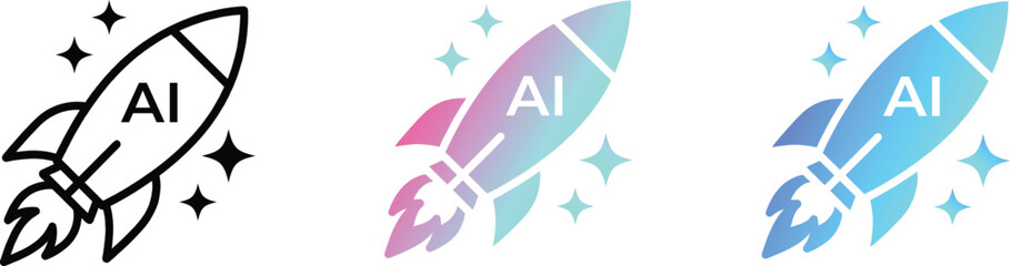 AI Rocket Launch Icon Set, Futuristic Artificial Intelligence Spacecraft with Sparkle Stars, Creative Digital Solutions, Tech Startup Vector Logo, Blue and Pink Gradient Icons