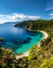 Obraz premium Aerial view of a serene coastline with turquoise waters and lush greenery