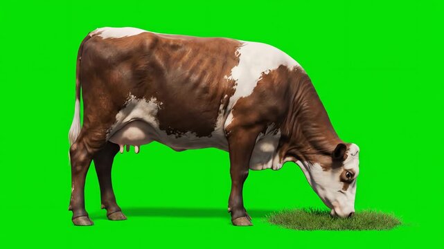 A brown and white patterned cow grazes peacefully on a patch of grass against a chroma key green screen, ideal for Idul Adha and agricultural storytelling.