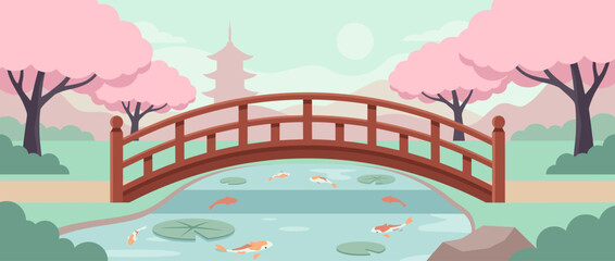 Serene Japanese cherry blossom garden flat vector illustration featuring a wooden bridge over a koi pond with lily pads, blooming sakura trees, and a traditional pagoda in a peaceful spring park.