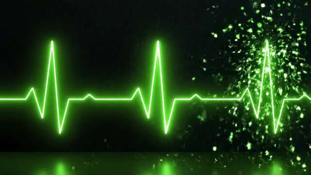 Vibrant Green Neon Heartbeat EKG Pulse Line Over Dark Sparking Background With Reflection