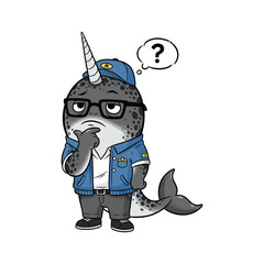 Thinking narwhal character in casual outfit with puzzled expression © MD