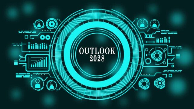 Futuristic outlook 2028 Analytics Dashboard Interface with Blue Neon HUD Elements Showing Business Data Visualization, Digital Strategy Insights, Market Analysis, Technology Innovation,