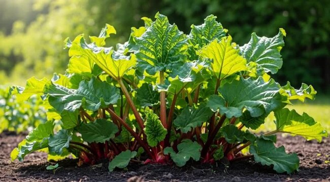 Image is a vibrant, high-resolution photograph featuring a cluster of rhubarb plants. The composition is centered on the bright red stalks and large, textured green leaves, which are illuminated by su