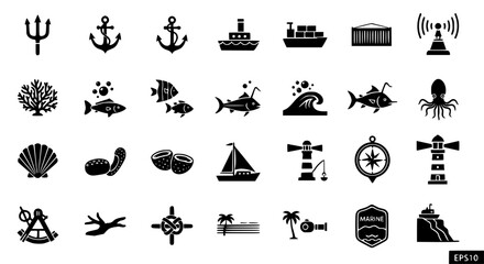 Minimal Gray Flat Sea Icon Set 2 with Marine Wildlife and Nautical Symbols © MdAmzad