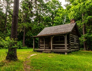 Fototapeta premium A small wooden cabin in a forest clearing with a tree