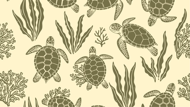 Seamless Sea Turtle and Seaweed Pattern in Vintage Monochromatic Hand Drawn Style